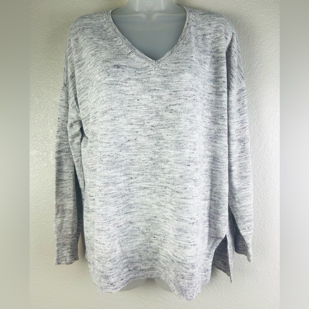 Margaret O'Leary cotton/Linen Blend Space Dyed V-Neck Sweater Purple White Large